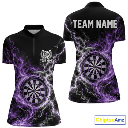 Purple Flame And Lightning Dart Women Quarter-Zip Dart Team Jersey With Custom Name IPHW12550