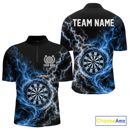 Blue Flame And Lightning Dart Men Quarter Zip Dart Team Jersey With Custom Name IPHW12551