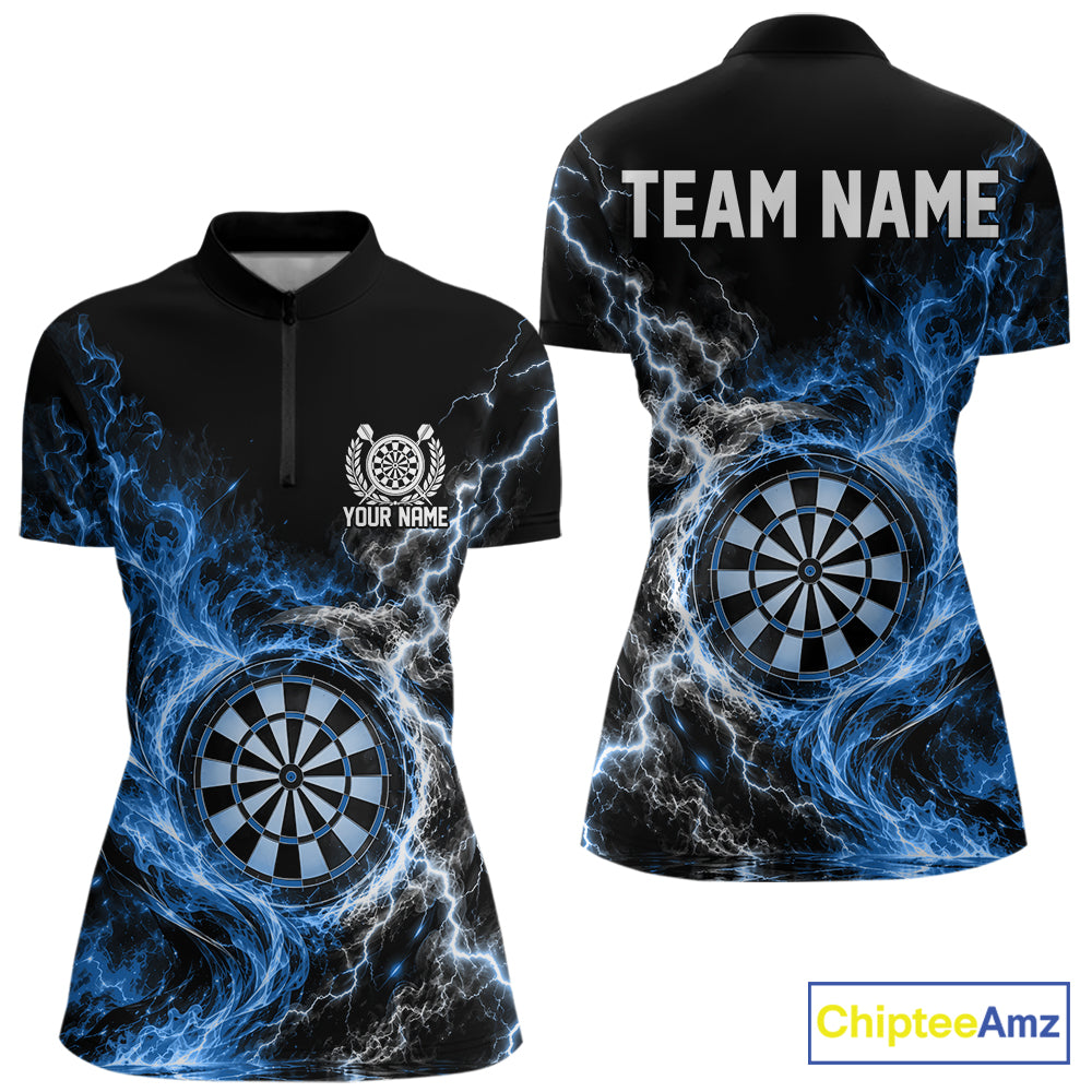 Blue Flame And Lightning Dart Women Quarter-Zip Dart Team Jersey With Custom Name IPHW12551