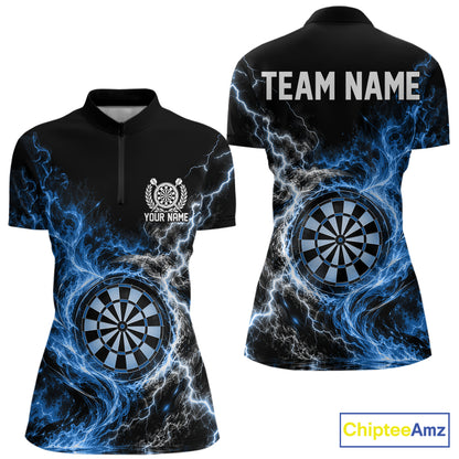Blue Flame And Lightning Dart Women Quarter-Zip Dart Team Jersey With Custom Name IPHW12551