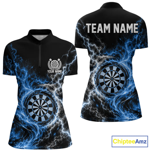 Blue Flame And Lightning Dart Women Quarter-Zip Dart Team Jersey With Custom Name IPHW12551