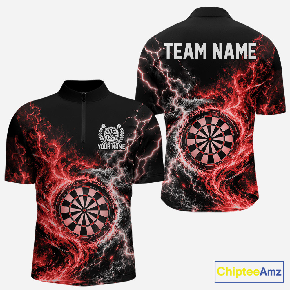 Red Flame And Lightning Dart Men Quarter Zip Dart Team Jersey With Custom Name IPHW12552