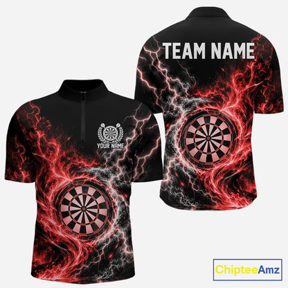 Red Flame And Lightning Dart Men Quarter Zip Dart Team Jersey With Custom Name IPHW12552