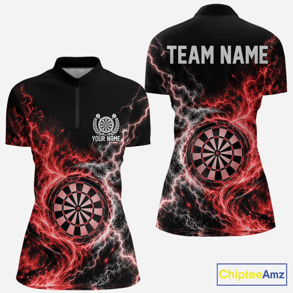 Red Flame And Lightning Dart Women Quarter-Zip Dart Team Jersey With Custom Name IPHW12552