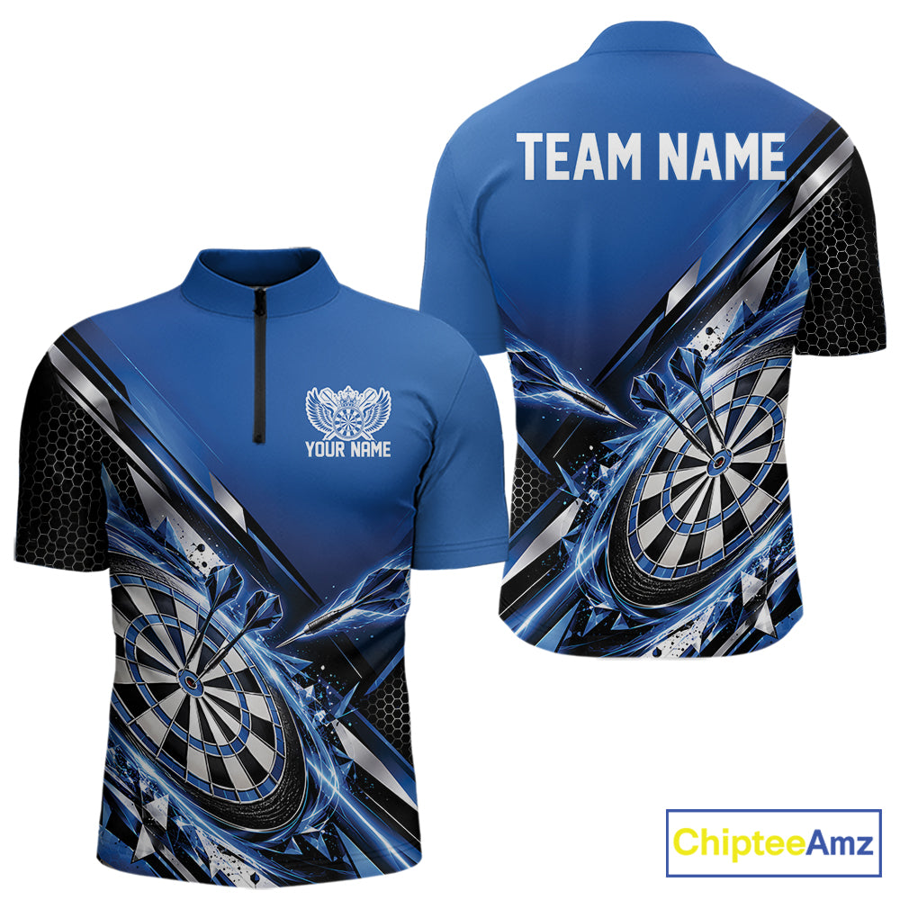 Custom Blue Dart Team Jersey, Dart League Outfit Quarter Zip Shirt For Men IPHW12557