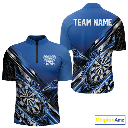 Custom Blue Dart Team Jersey, Dart League Outfit Quarter Zip Shirt For Men IPHW12557