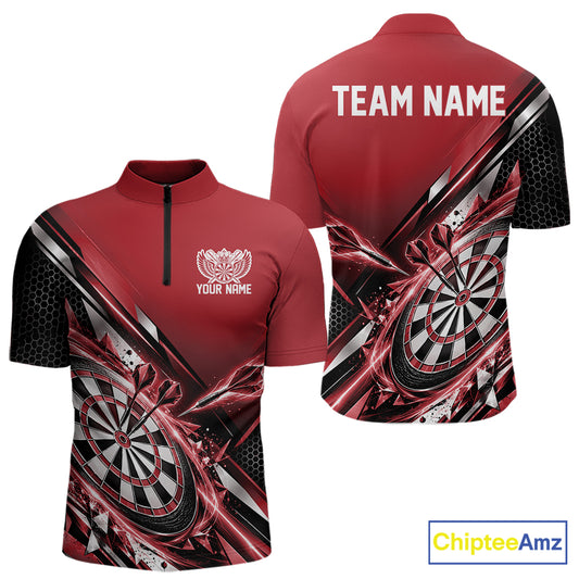 Custom Red Dart Team Jersey, Dart League Outfit Quarter Zip Shirt For Men IPHW12558