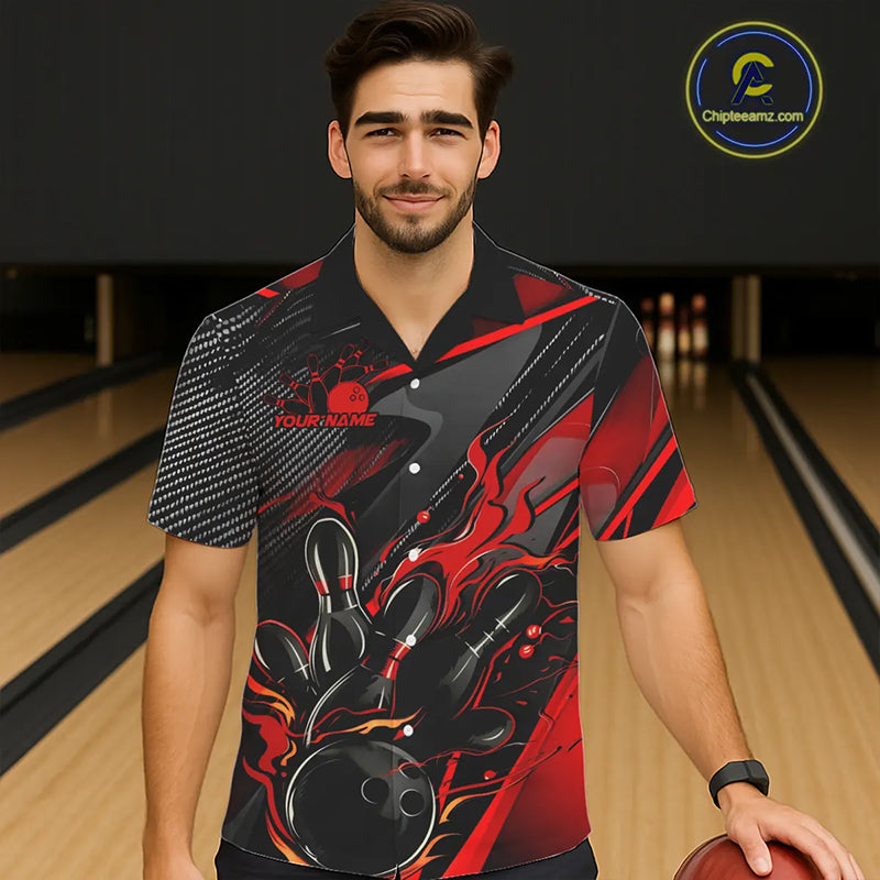 Black And Red Custom Flame Bowling Shirts For Men, Fire Bowling Team Shirt Bowler Jersey IPHW7931