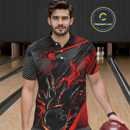 Black And Red Custom Flame Bowling Shirts For Men, Fire Bowling Team Shirt Bowler Jersey IPHW7931