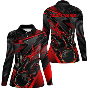 Black And Red Custom Flame Bowling Shirts For Women, Fire Bowling Team Shirt Bowler Jersey IPHW7931