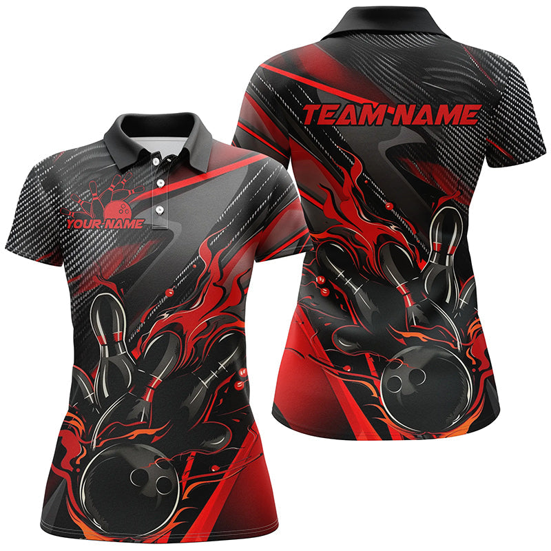 Black And Red Custom Flame Bowling Shirts For Women, Fire Bowling Team Shirt Bowler Jersey IPHW7931