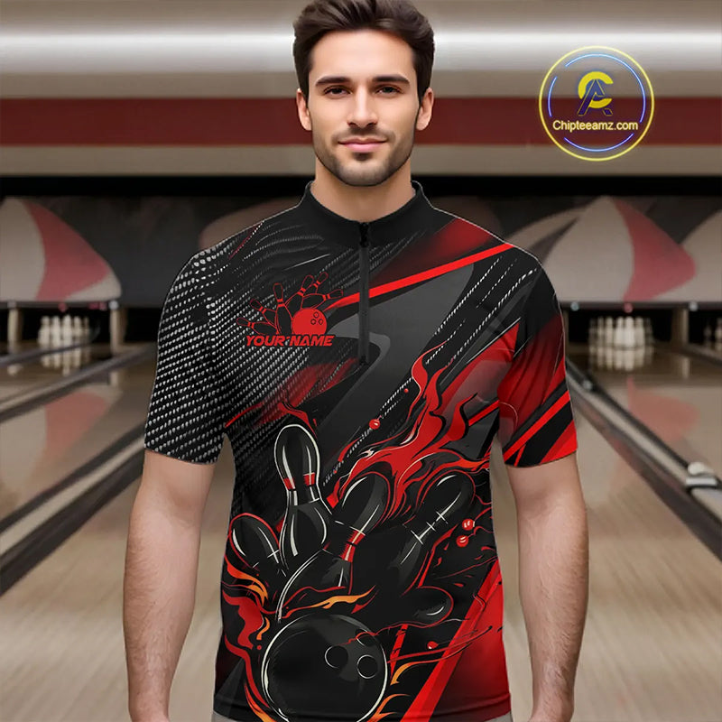 Black And Red Custom Flame Bowling Shirts For Men, Fire Bowling Team Shirt Bowler Jersey IPHW7931