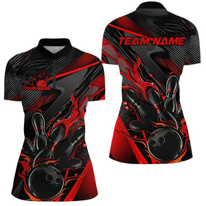 Black And Red Custom Flame Bowling Shirts For Women, Fire Bowling Team Shirt Bowler Jersey IPHW7931