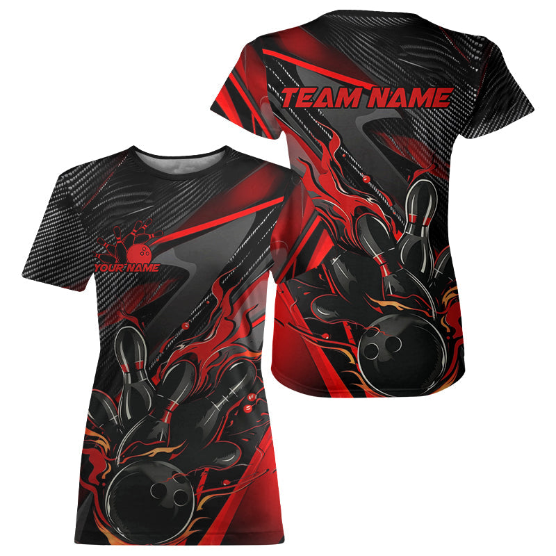 Black And Red Custom Flame Bowling For Women, Fire Bowling Team Bowler Jersey IPHW7931