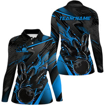 Load image into Gallery viewer, Black And Blue Custom Flame Bowling Shirts For Women, Fire Bowling Team Shirt Bowler Jersey IPHW7932