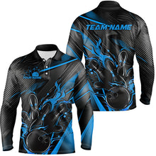 Load image into Gallery viewer, Black And Blue Custom Flame Bowling Shirts For Men, Fire Bowling Team Shirt Bowler Jersey IPHW7932