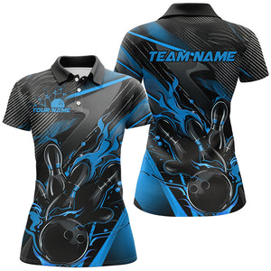 Black And Blue Custom Flame Bowling Shirts For Women, Fire Bowling Team Shirt Bowler Jersey IPHW7932