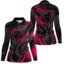 Load image into Gallery viewer, Black And Pink Custom Flame Bowling Shirts For Women, Fire Bowling Team Shirt Bowler Jersey IPHW7933