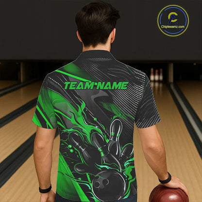 Black And Green Custom Flame Bowling Men Hawaiian Shirts, Fire Bowling Team Shirt Bowler Jersey IPHW7934