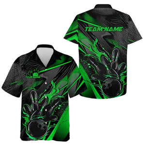 Black And Green Custom Flame Bowling Men Hawaiian Shirts, Fire Bowling Team Shirt Bowler Jersey IPHW7934