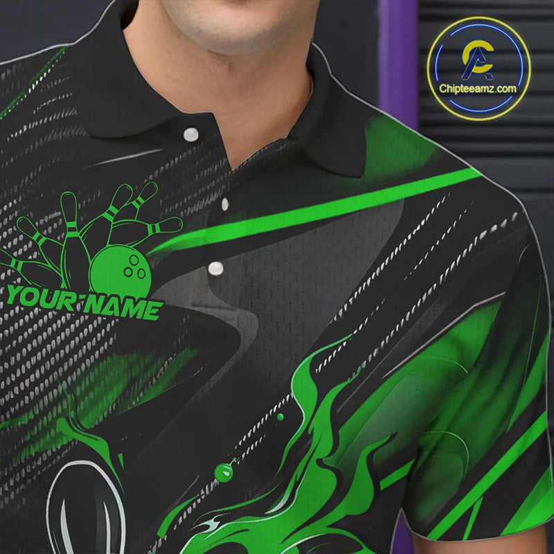 Black And Green Custom Flame Bowling Shirts For Men, Fire Bowling Team Shirt Bowler Jersey IPHW7934