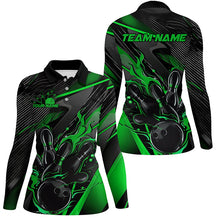 Load image into Gallery viewer, Black And Green Custom Flame Bowling Shirts For Women, Fire Bowling Team Shirt Bowler Jersey IPHW7934