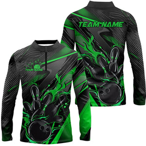 Black And Green Custom Flame Bowling Shirts For Men, Fire Bowling Team Shirt Bowler Jersey IPHW7934