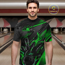 Load image into Gallery viewer, Black And Green Custom Flame Bowling Shirts For Men, Fire Bowling Team Shirt Bowler Jersey IPHW7934