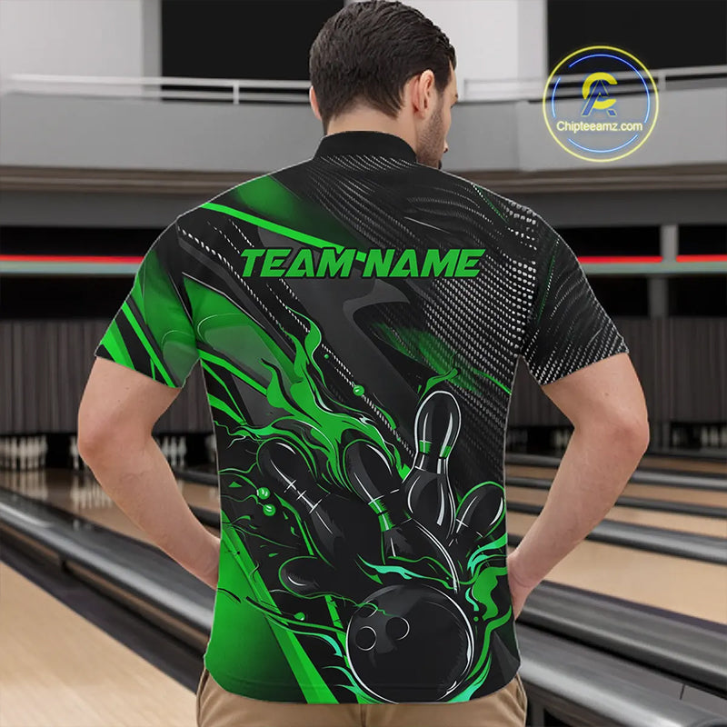 Black And Green Custom Flame Bowling Shirts For Men, Fire Bowling Team Shirt Bowler Jersey IPHW7934