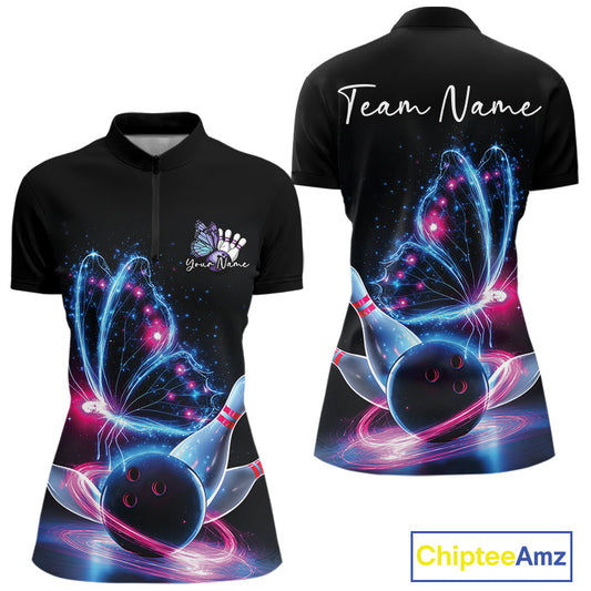 Custom Blue And Pink Galaxy Butterfly Bowling Women Shirts, Ladies Bowling Outfit IPHW10243