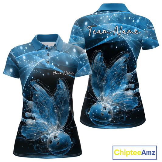 Custom Ethereal Blue Butterfly Bowling Team Women Polo Shirts, Ladies Bowling Outfit IPHW10244