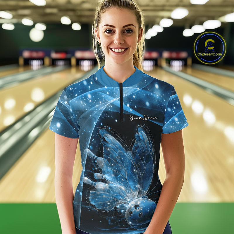Custom Ethereal Blue Butterfly Bowling Women Quarter-Zip Shirts, Ladies Bowling Outfit IPHW10244