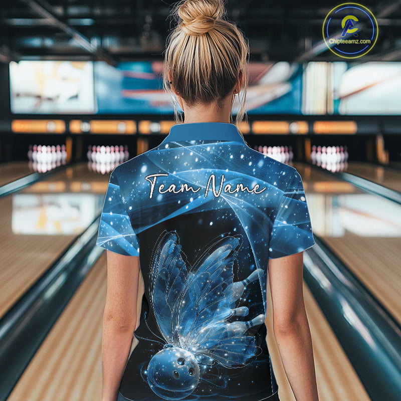 Custom Ethereal Blue Butterfly Bowling Women Quarter-Zip Shirts, Ladies Bowling Outfit IPHW10244