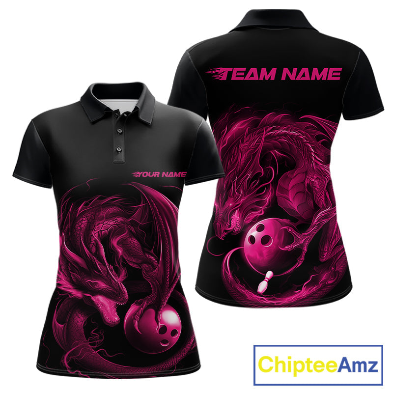 Custom Black And Pink Dragon Bowling Shirts, Bowling League Shirt Dragon Women Jersey IPHW10703