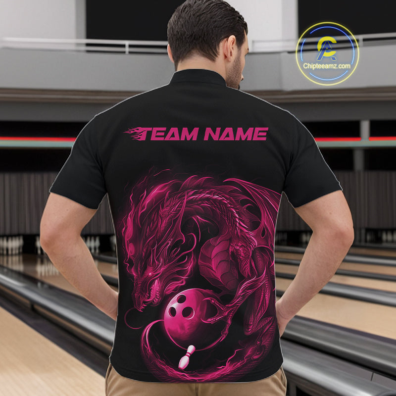 Custom Black And Pink Dragon Bowling Shirts, Bowling League Shirt Dragon Men Jersey IPHW10703