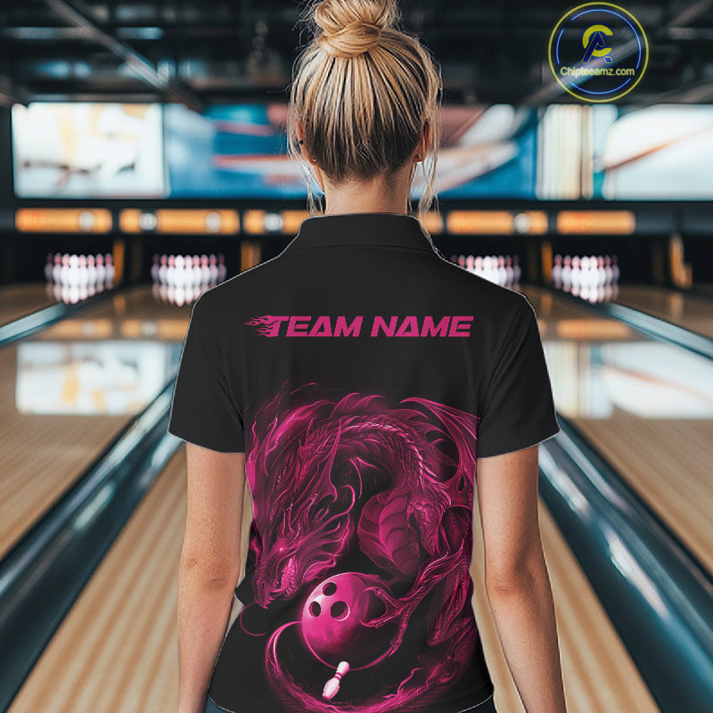 Custom Black And Pink Dragon Bowling Shirts, Bowling League Shirt Dragon Women Jersey IPHW10703