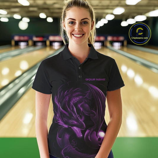 Custom Black And Purple Dragon Bowling Shirts, Bowling League Shirt Dragon Women Jersey IPHW10704