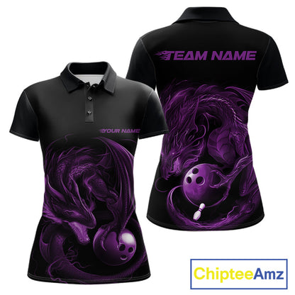 Custom Black And Purple Dragon Bowling Shirts, Bowling League Shirt Dragon Women Jersey IPHW10704