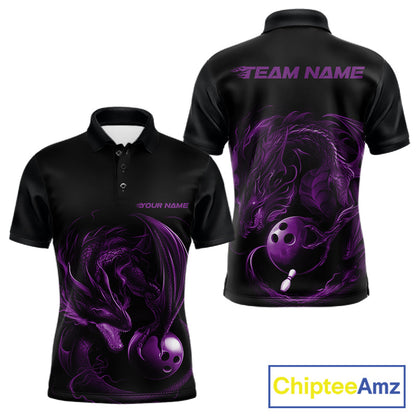 Custom Black And Purple Dragon Bowling Shirts, Bowling League Shirt Dragon Men Jersey IPHW10704