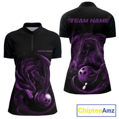 Custom Black And Purple Dragon Bowling Shirts, Bowling League Shirt Dragon Women Jersey IPHW10704