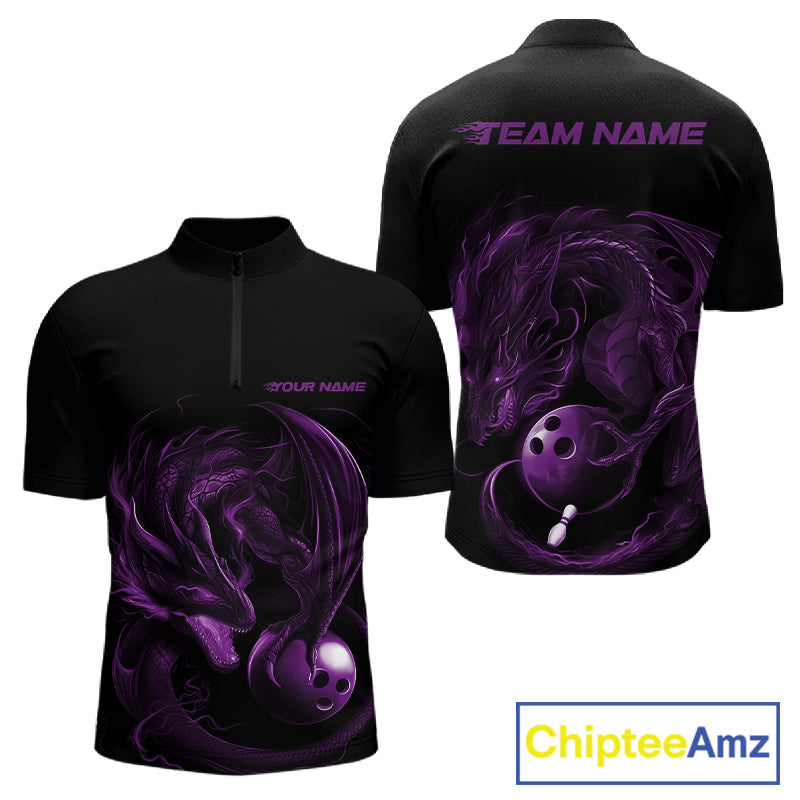 Custom Black And Purple Dragon Bowling Shirts, Bowling League Shirt Dragon Men Jersey IPHW10704