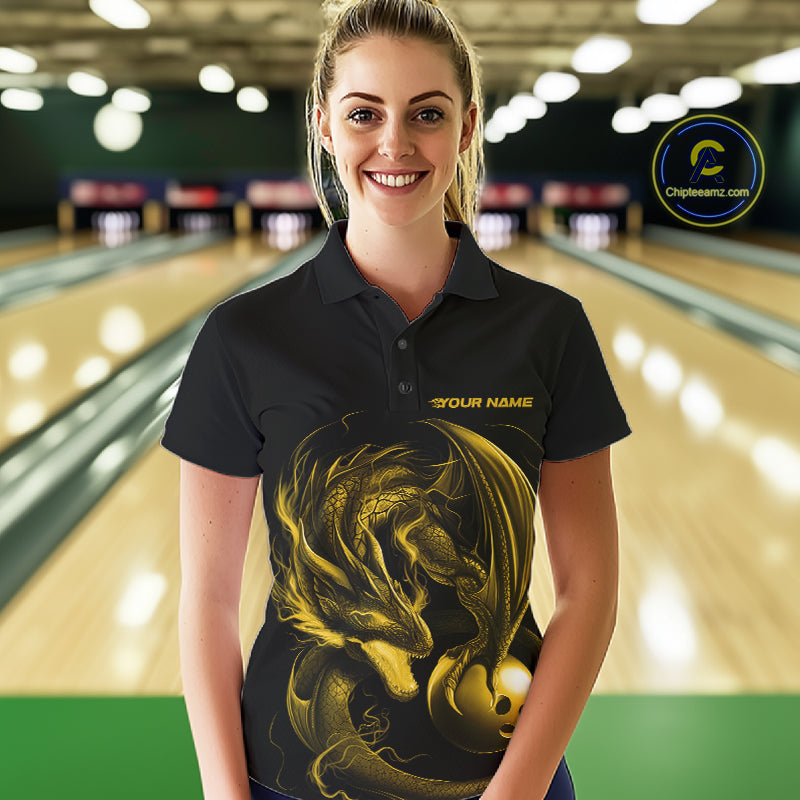 Custom Black And Yellow Dragon Bowling Shirts, Bowling League Shirt Dragon Women Jersey IPHW10706