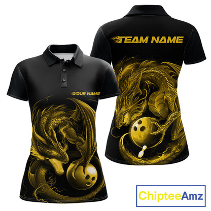 Custom Black And Yellow Dragon Bowling Shirts, Bowling League Shirt Dragon Women Jersey IPHW10706