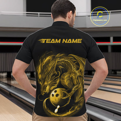 Custom Black And Yellow Dragon Bowling Shirts, Bowling League Shirt Dragon Men Jersey IPHW10706