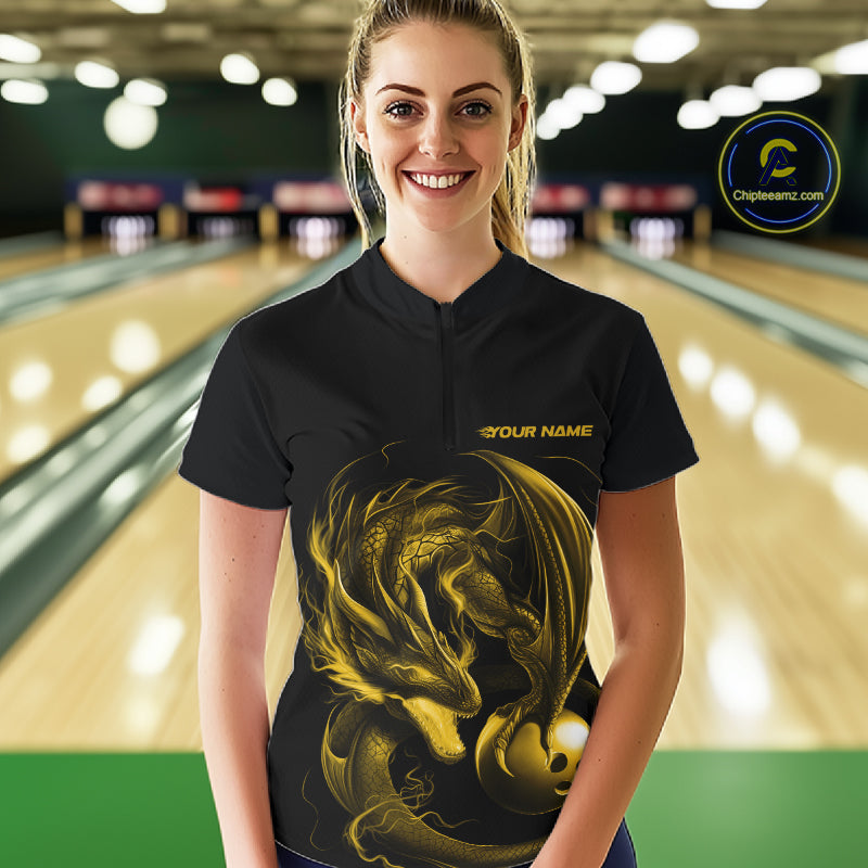 Custom Black And Yellow Dragon Bowling Shirts, Bowling League Shirt Dragon Women Jersey IPHW10706