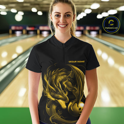 Custom Black And Yellow Dragon Bowling Shirts, Bowling League Shirt Dragon Women Jersey IPHW10706