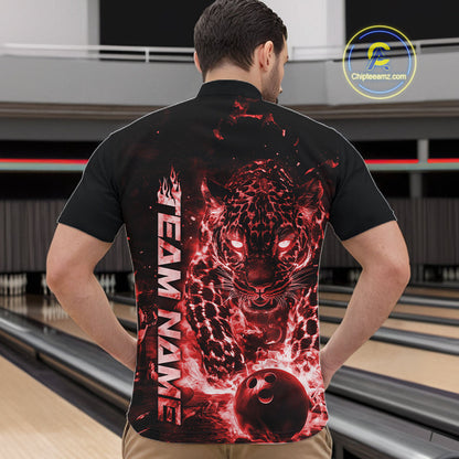 Custom Red Flaming Leopard Bowling Shirts For Men, Fire Bowling Team Shirt Bowler Uniform IPHW10712