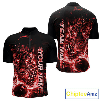 Custom Red Flaming Leopard Bowling Shirts For Men, Fire Bowling Team Shirt Bowler Uniform IPHW10712