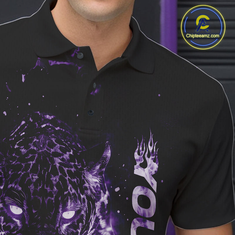 Custom Purple Flaming Leopard Men Bowling Shirts, Fire Bowling Team Shirt Bowler Uniform IPHW10713