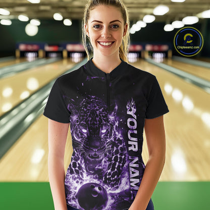 Custom Purple Flaming Leopard Women Bowling Shirts, Fire Bowling Team Shirt Bowler IPHW10713